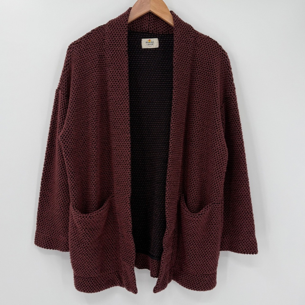 Marine Layer Birdseye Open Front Cardigan Sweater Burgundy Cotton Blend Small